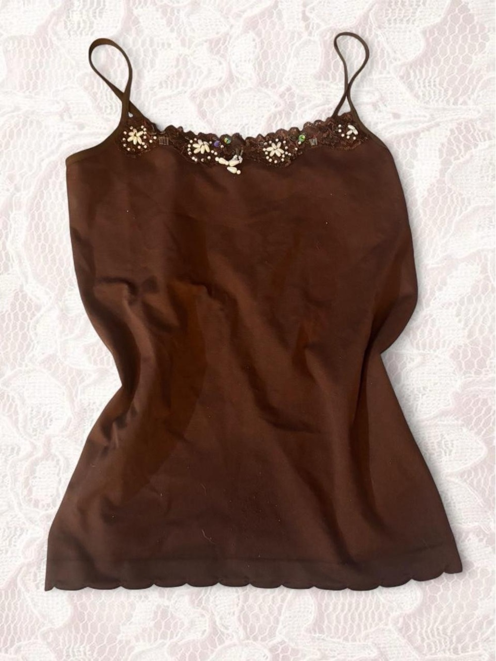 Brown Embellished Lace-Trim Cami Top - Women